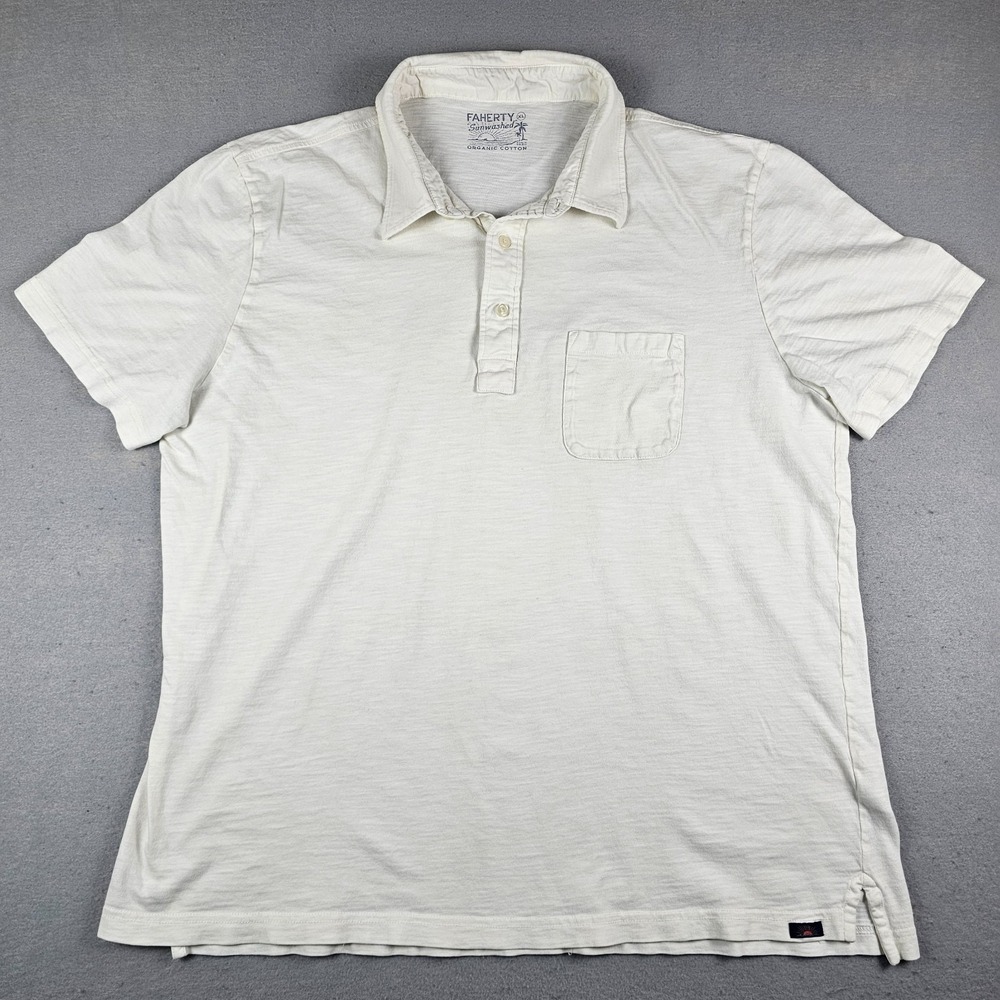 Faherty Sunwashed Polo Shirt Mens Extra Large White Organic Cotton Short Sleeve